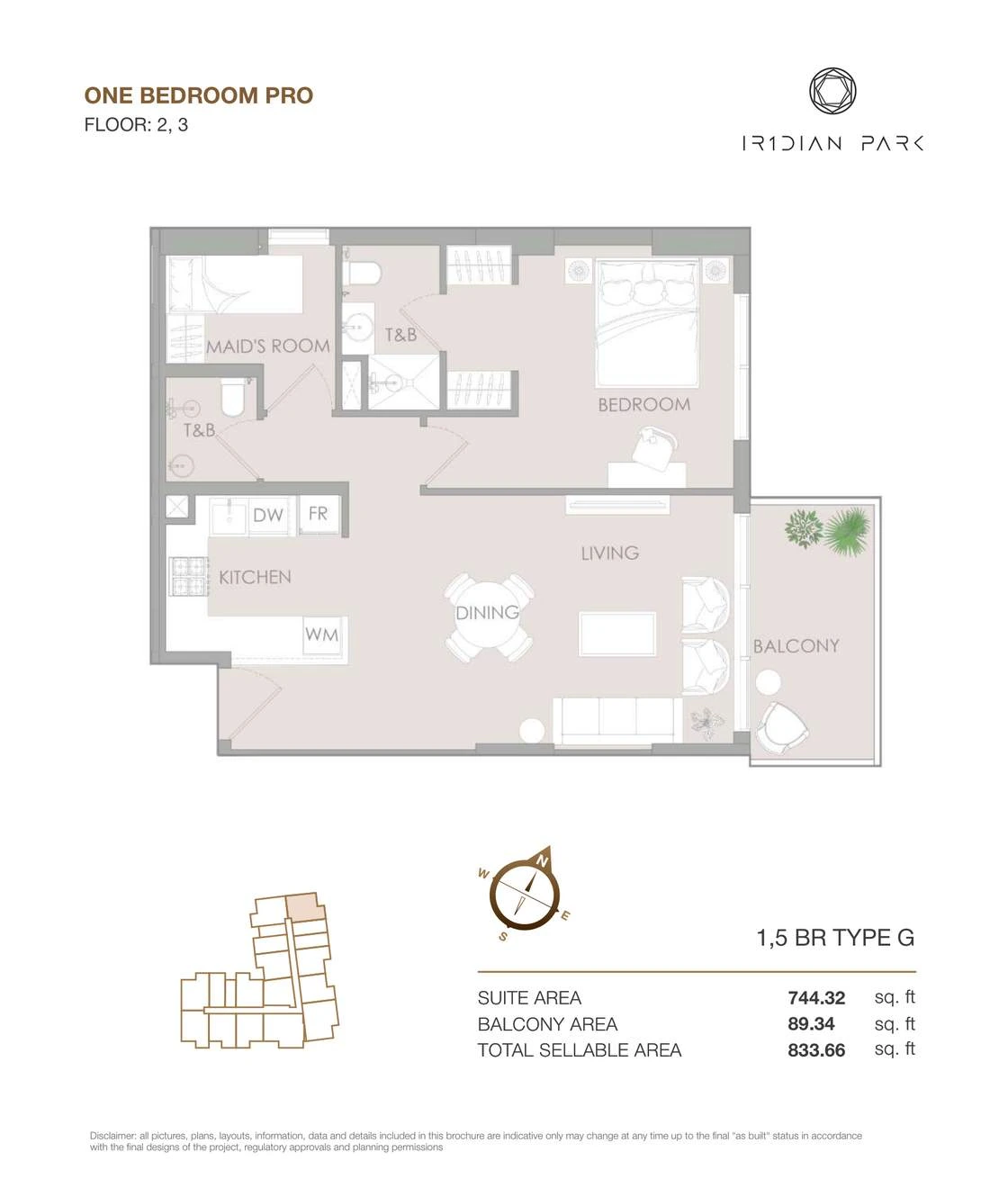 IR1DIAN Park 1 One Bedroom Pro Type G Pro apartment floor plan for Floors 2 and 3, 833.66 sq ft.