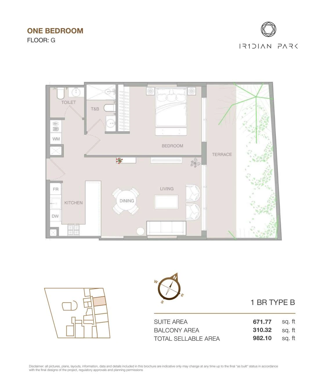 IR1DIAN Park 1 One Bedroom Type B apartment floor plan for Ground floor, 982.10 sq ft.