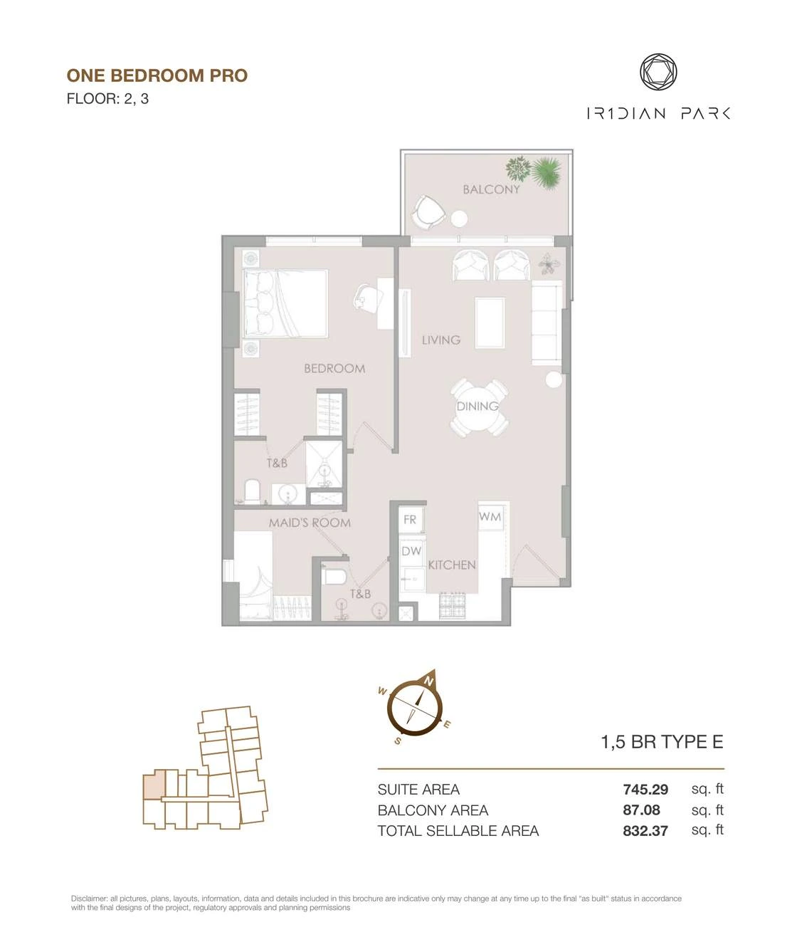 IR1DIAN Park 1 One Bedroom Pro Type E Pro apartment floor plan for Floors 2 and 3, 832.37 sq ft.