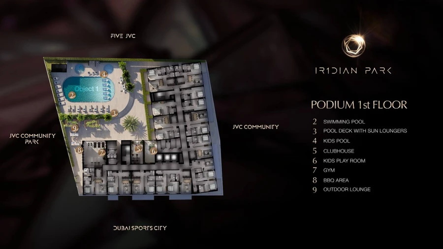 Podium amenity plan for IR1DIAN Park 1 showing the pools, deck, clubhouse, gym, children's play room, barbecue area and outdoor lounge.