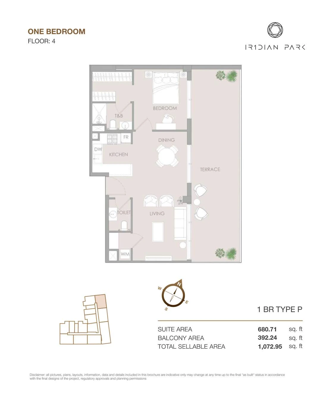 IR1DIAN Park 1 One Bedroom Type P apartment floor plan for Floor 4, 1,072.95 sq ft.