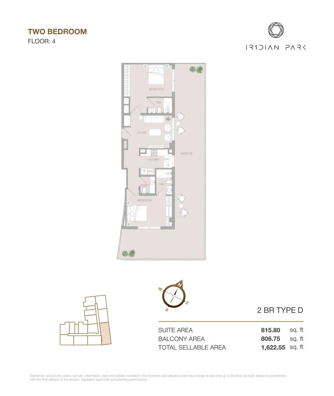 IR1DIAN Park 1 Two Bedroom Type D apartment floor plan for Floor 4, 1,622.55 sq ft.