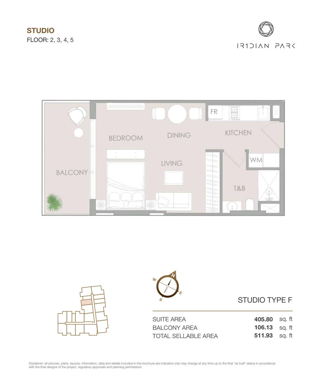IR1DIAN Park 1 Studio Type F apartment floor plan for Floors 2, 3, 4 and 5, 511.93 sq ft.