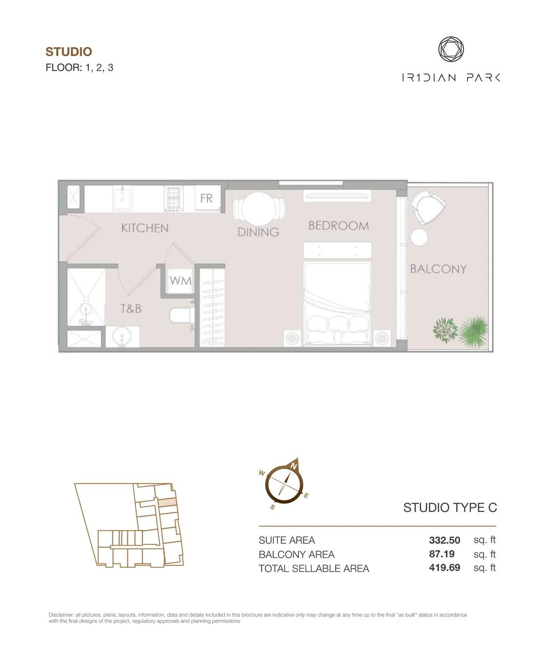 IR1DIAN Park 1 Studio Type C apartment floor plan for Floors 1, 2 and 3, 419.69 sq ft.