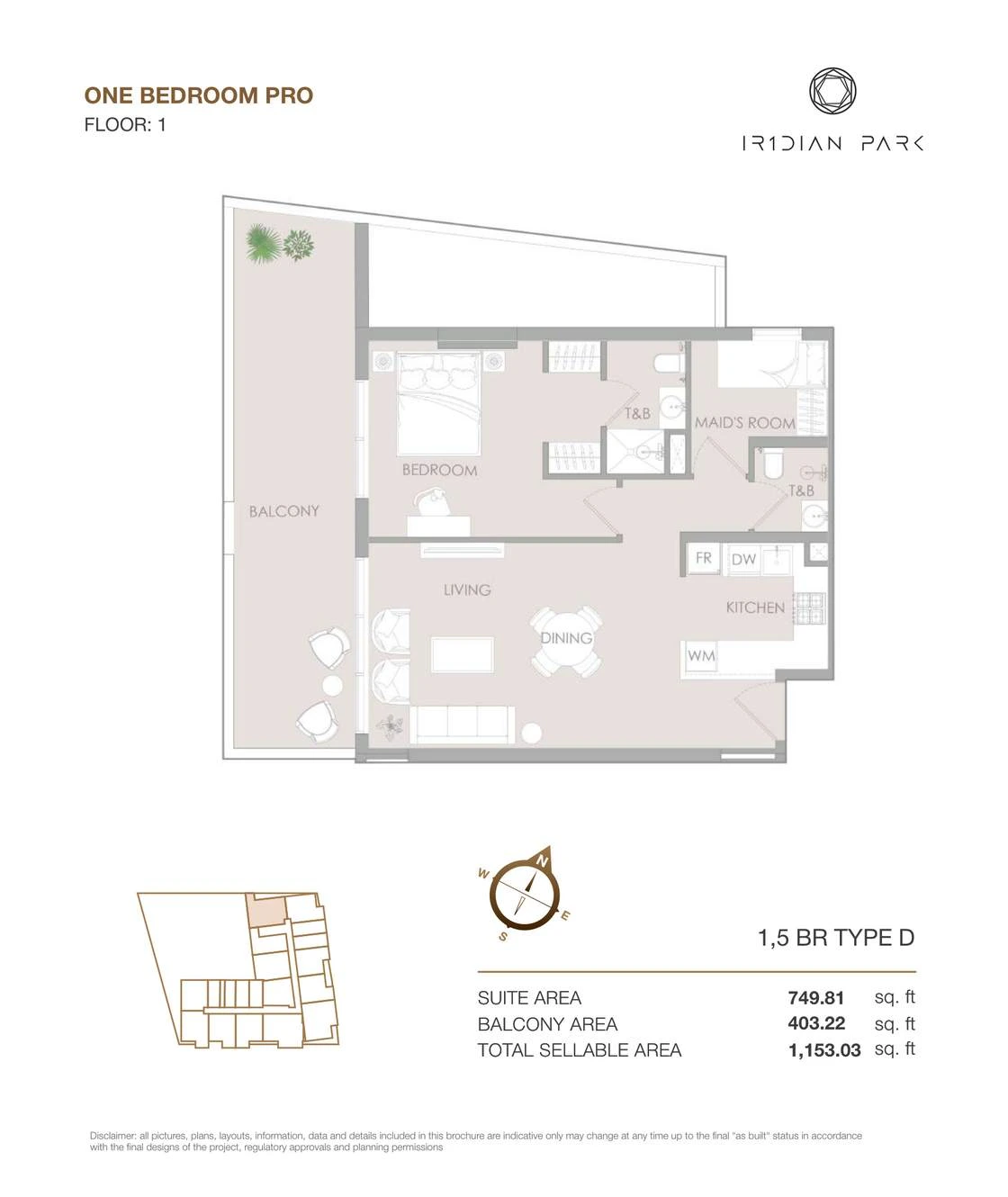 IR1DIAN Park 1 One Bedroom Pro Type D Pro apartment floor plan for Floor 1, 1,153.03 sq ft.