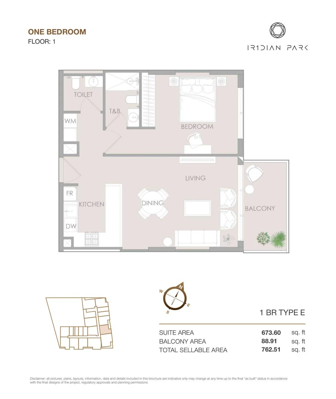 IR1DIAN Park 1 One Bedroom Type E apartment floor plan for Floor 1, 762.51 sq ft.