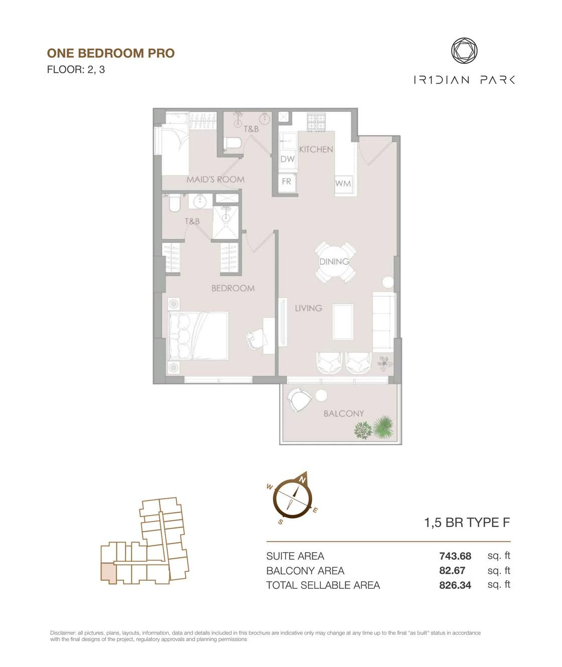 IR1DIAN Park 1 One Bedroom Pro Type F Pro apartment floor plan for Floors 2 and 3, 826.34 sq ft.
