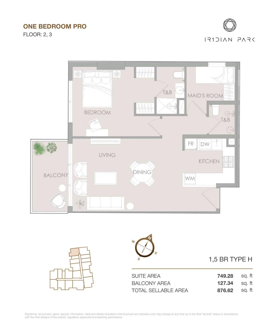 IR1DIAN Park 1 One Bedroom Pro Type H Pro apartment floor plan for Floors 2 and 3, 876.62 sq ft.