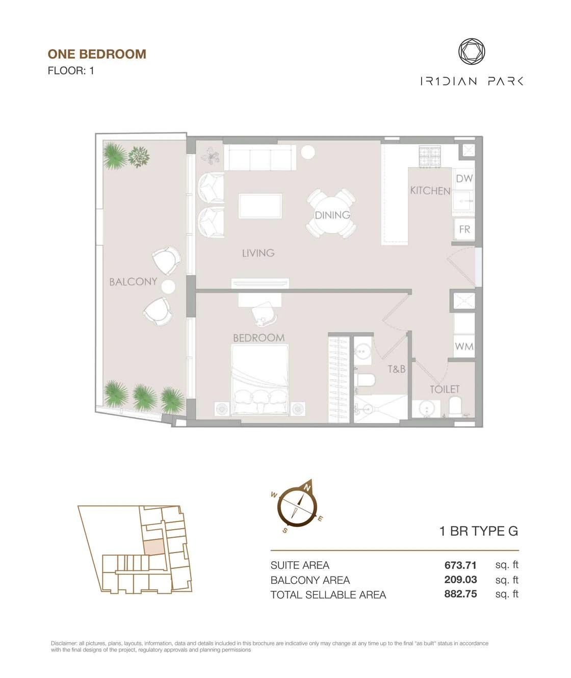 IR1DIAN Park 1 One Bedroom Type G apartment floor plan for Floor 1, 882.75 sq ft.