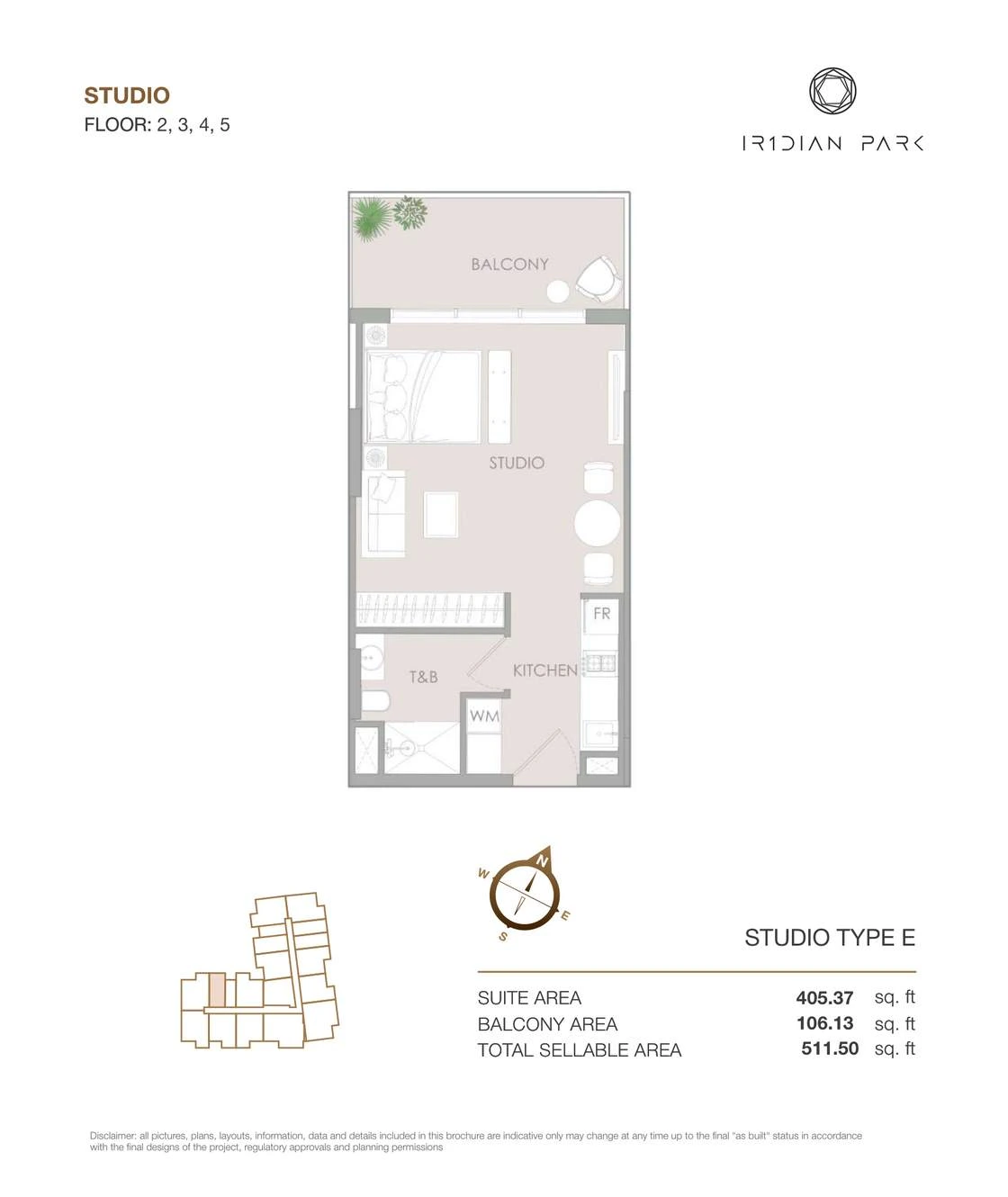 IR1DIAN Park 1 Studio Type E apartment floor plan for Floors 2, 3, 4 and 5, 511.50 sq ft.