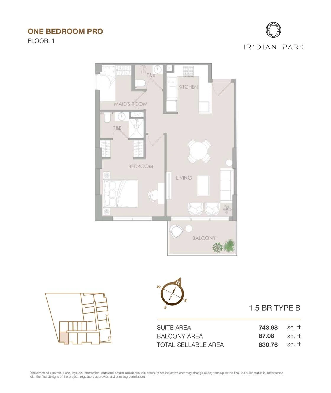 IR1DIAN Park 1 One Bedroom Pro Type B Pro apartment floor plan for Floor 1, 830.76 sq ft.