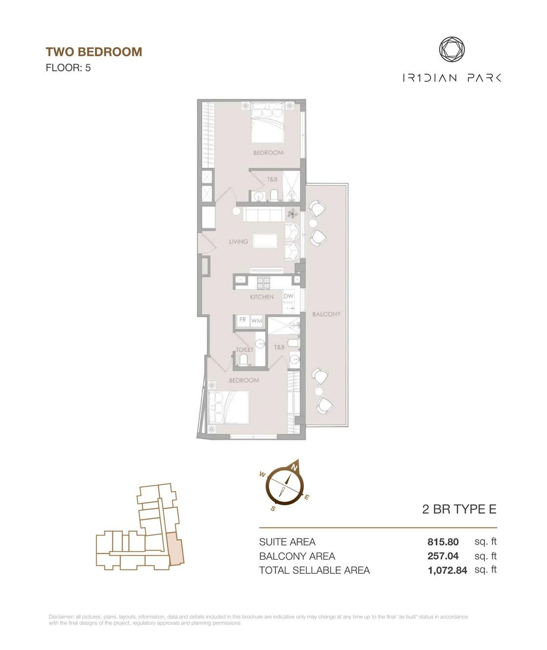 IR1DIAN Park 1 Two Bedroom Type E apartment floor plan for Floor 5, 1,072.84 sq ft.