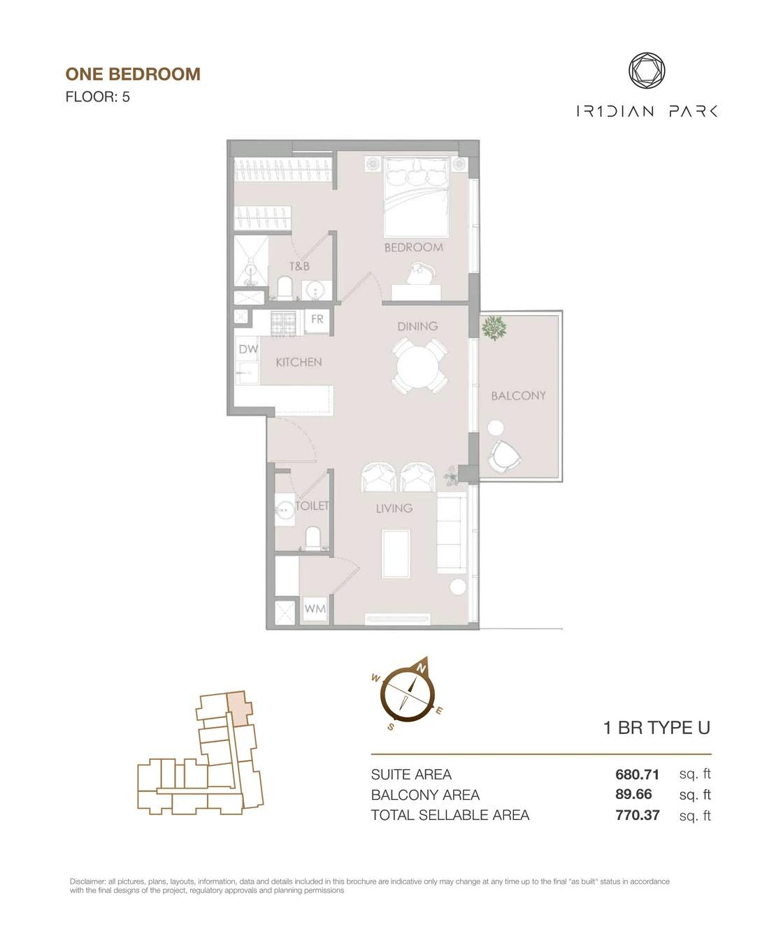 IR1DIAN Park 1 One Bedroom Type U apartment floor plan for Floor 5, 770.37 sq ft.
