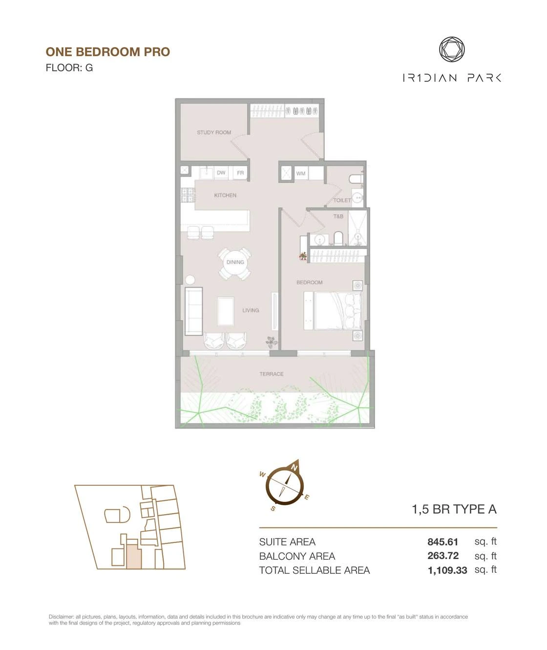 IR1DIAN Park 1 One Bedroom Pro Type A Pro apartment floor plan for Ground floor, 1,109.33 sq ft.