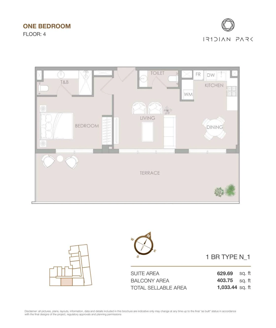 IR1DIAN Park 1 One Bedroom Type N1 apartment floor plan for Floor 4, 1,033.44 sq ft.