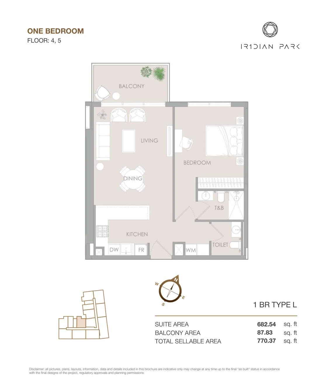 IR1DIAN Park 1 One Bedroom Type L apartment floor plan for Floors 4 and 5, 770.37 sq ft.