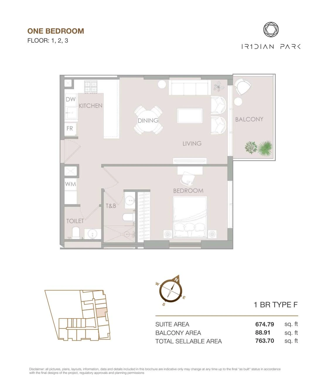 IR1DIAN Park 1 One Bedroom Type F apartment floor plan for Floors 1, 2 and 3, 763.70 sq ft.