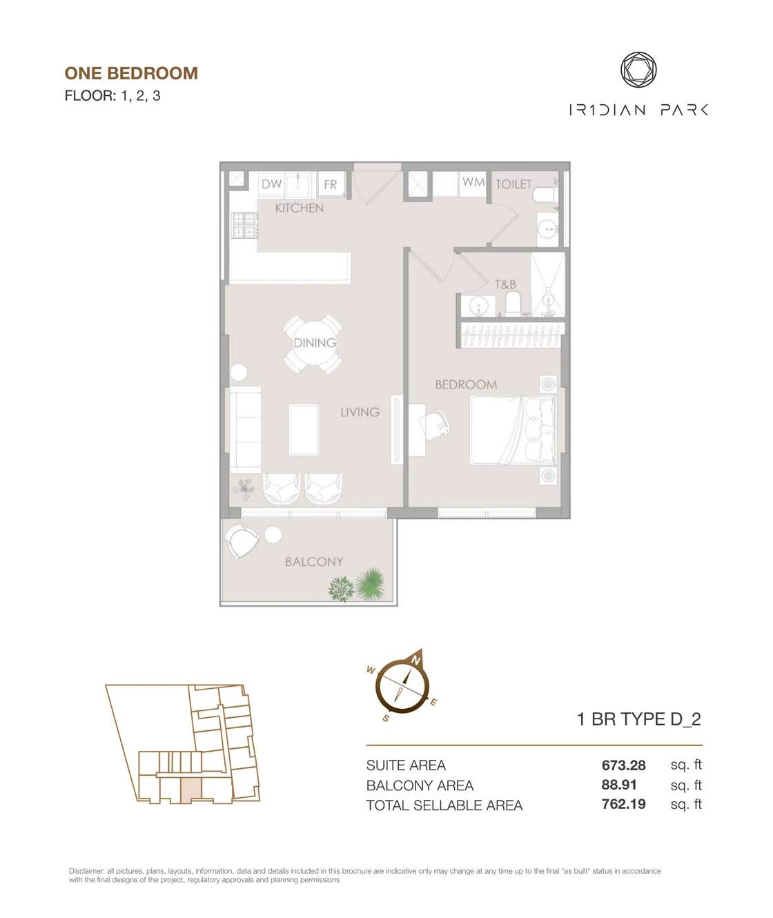 IR1DIAN Park 1 One Bedroom Type D2 apartment floor plan for Floors 1, 2 and 3, 762.19 sq ft.