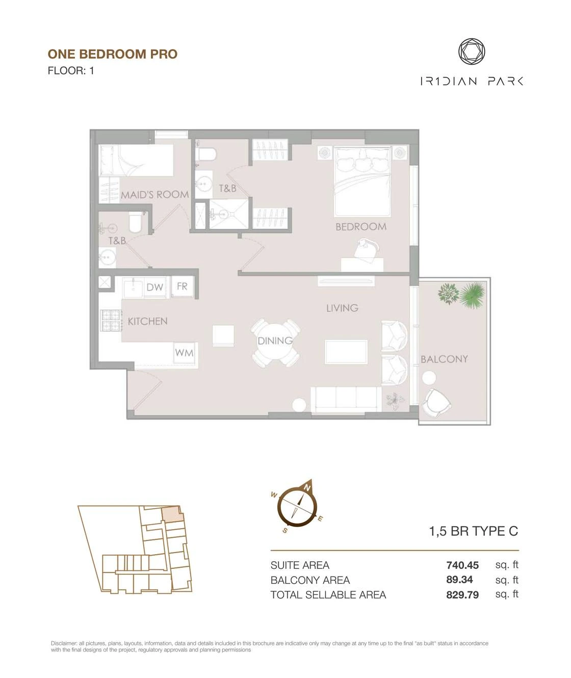 IR1DIAN Park 1 One Bedroom Pro Type C Pro apartment floor plan for Floor 1, 829.79 sq ft.