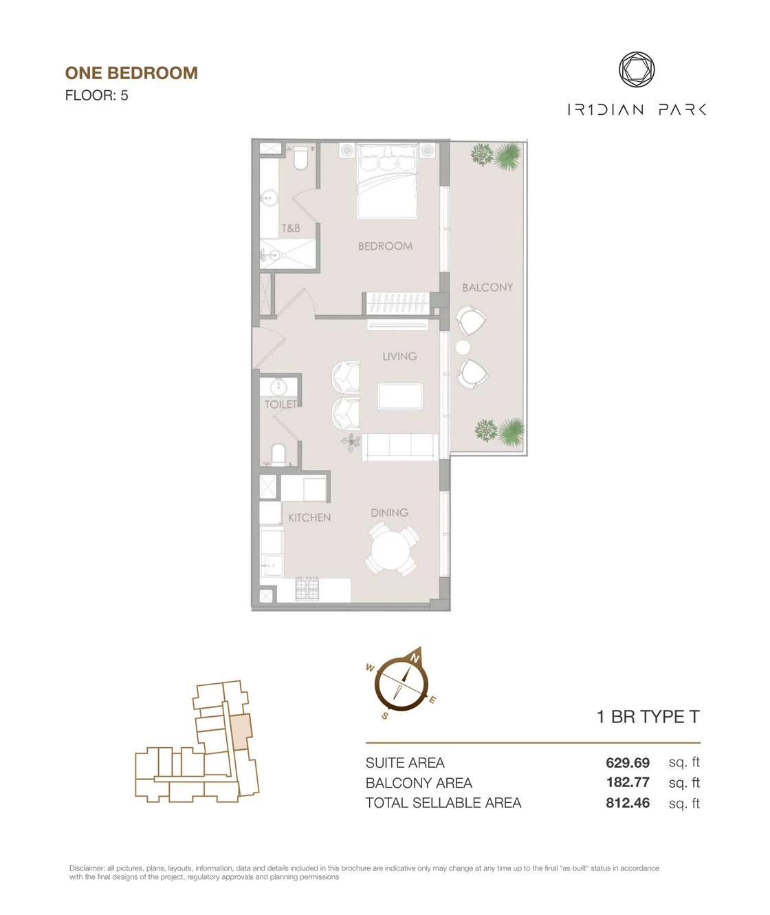 IR1DIAN Park 1 One Bedroom Type T apartment floor plan for Floor 5, 812.46 sq ft.