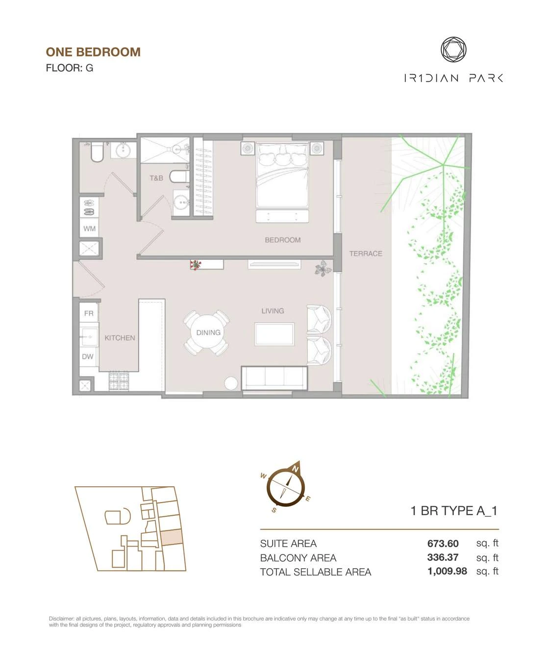 IR1DIAN Park 1 One Bedroom Type A1 apartment floor plan for Ground floor, 1,009.98 sq ft.