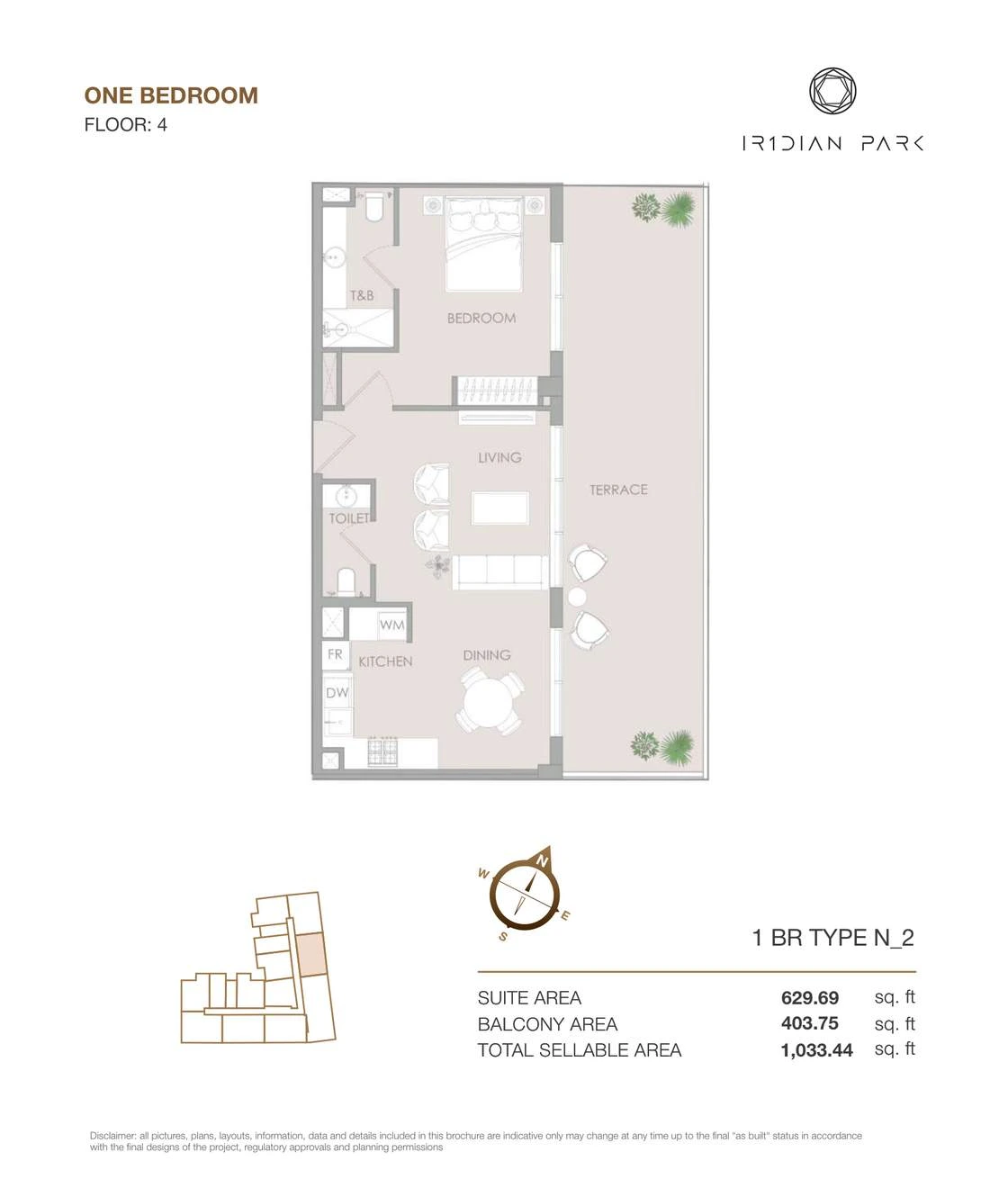 IR1DIAN Park 1 One Bedroom Type N2 apartment floor plan for Floor 4, 1,033.44 sq ft.
