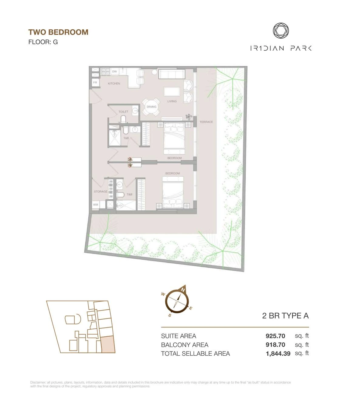 IR1DIAN Park 1 Two Bedroom Type A apartment floor plan for Ground floor, 1,844.39 sq ft.