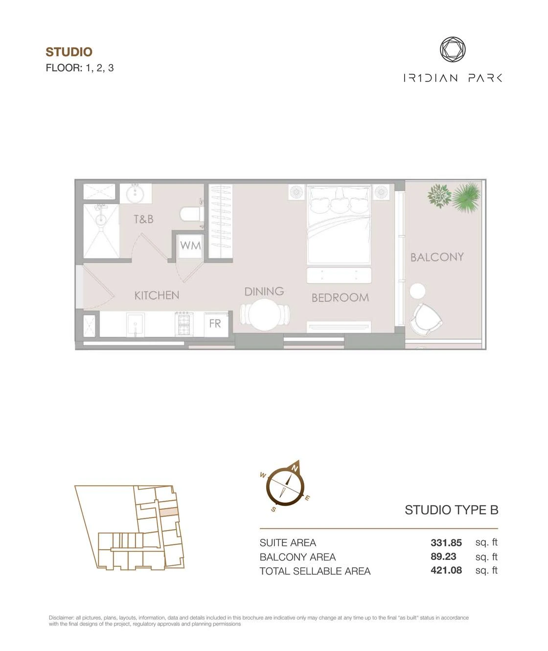 IR1DIAN Park 1 Studio Type B apartment floor plan for Floors 1, 2 and 3, 421.08 sq ft.