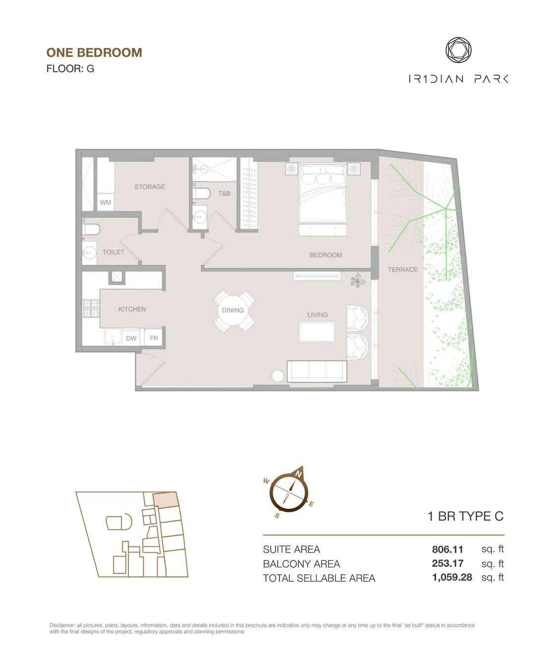 IR1DIAN Park 1 One Bedroom Type C apartment floor plan for Ground floor, 1,059.28 sq ft.