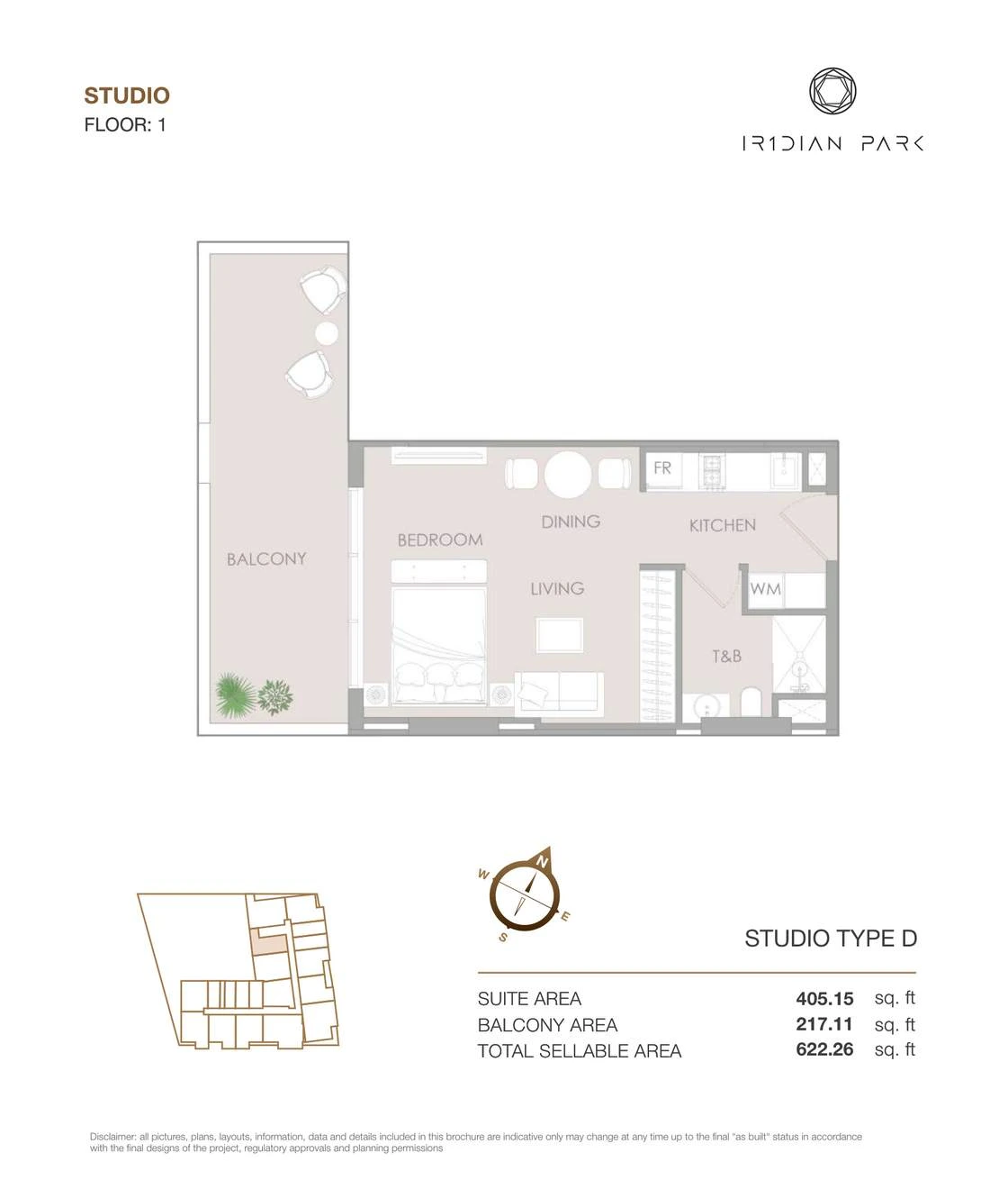 IR1DIAN Park 1 Studio Type D apartment floor plan for Floor 1, 622.26 sq ft.