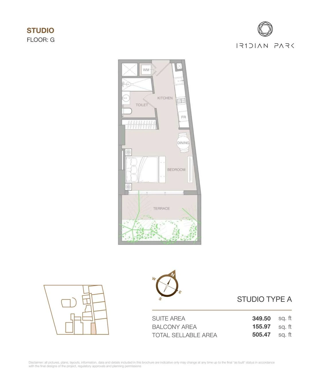 IR1DIAN Park 1 Studio Type A apartment floor plan for Ground floor, 505.47 sq ft.