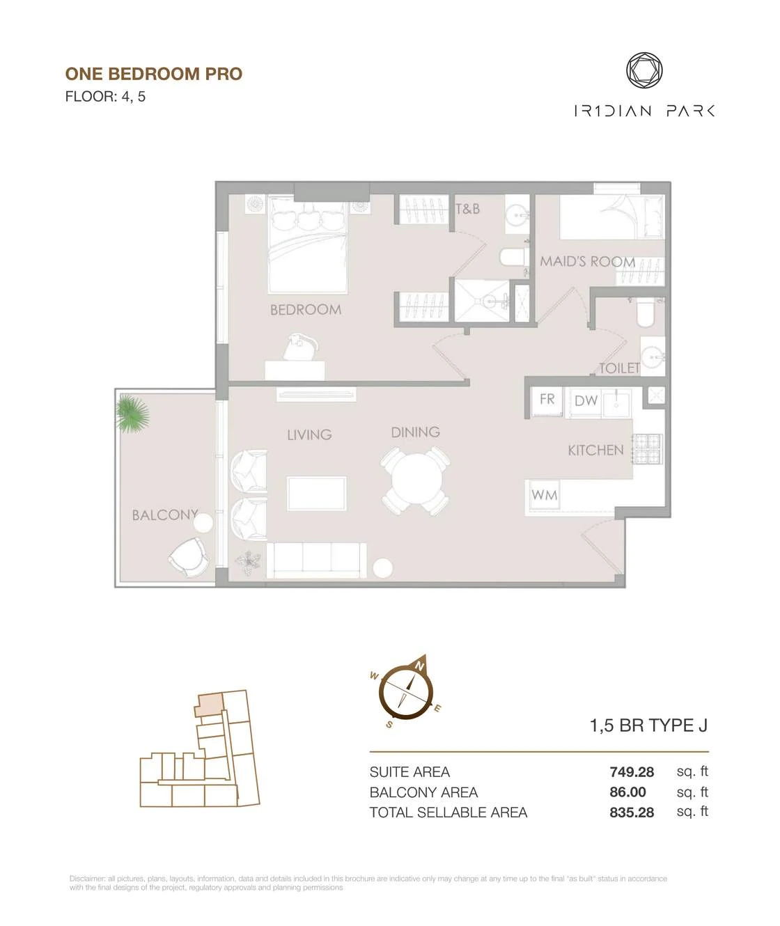 IR1DIAN Park 1 One Bedroom Pro Type J Pro apartment floor plan for Floors 4 and 5, 835.28 sq ft.
