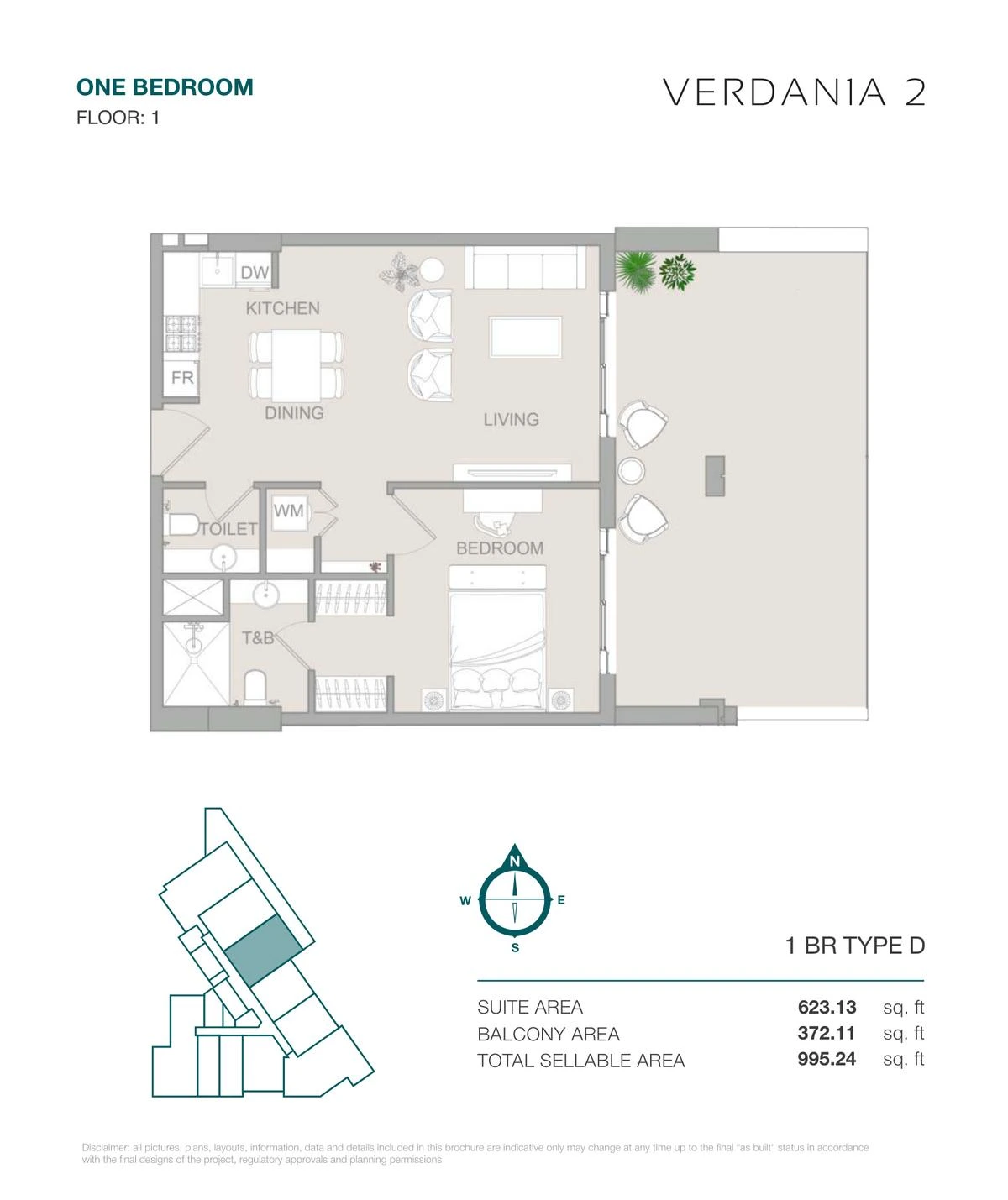 VERDAN1A 2 One Bedroom Type D apartment floor plan for Floor 1, 995.24 sq ft.