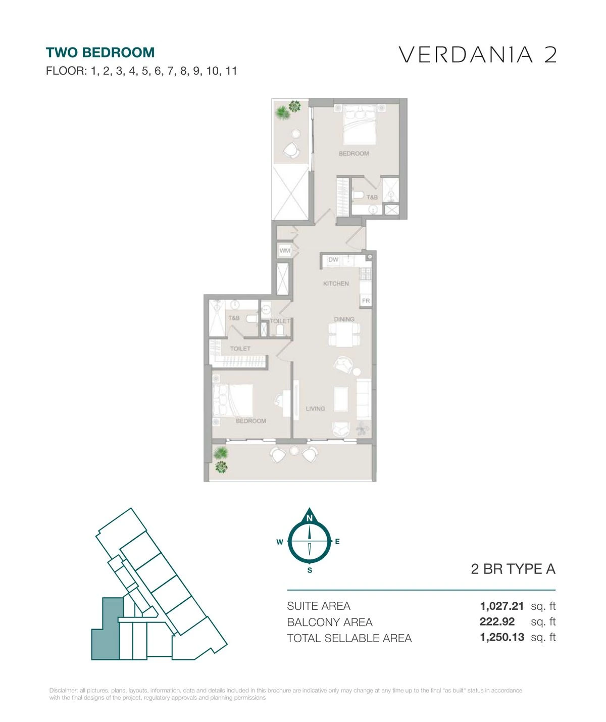 VERDAN1A 2 Two Bedroom Type A apartment floor plan for Floors 1-11, 1,250.13 sq ft.
