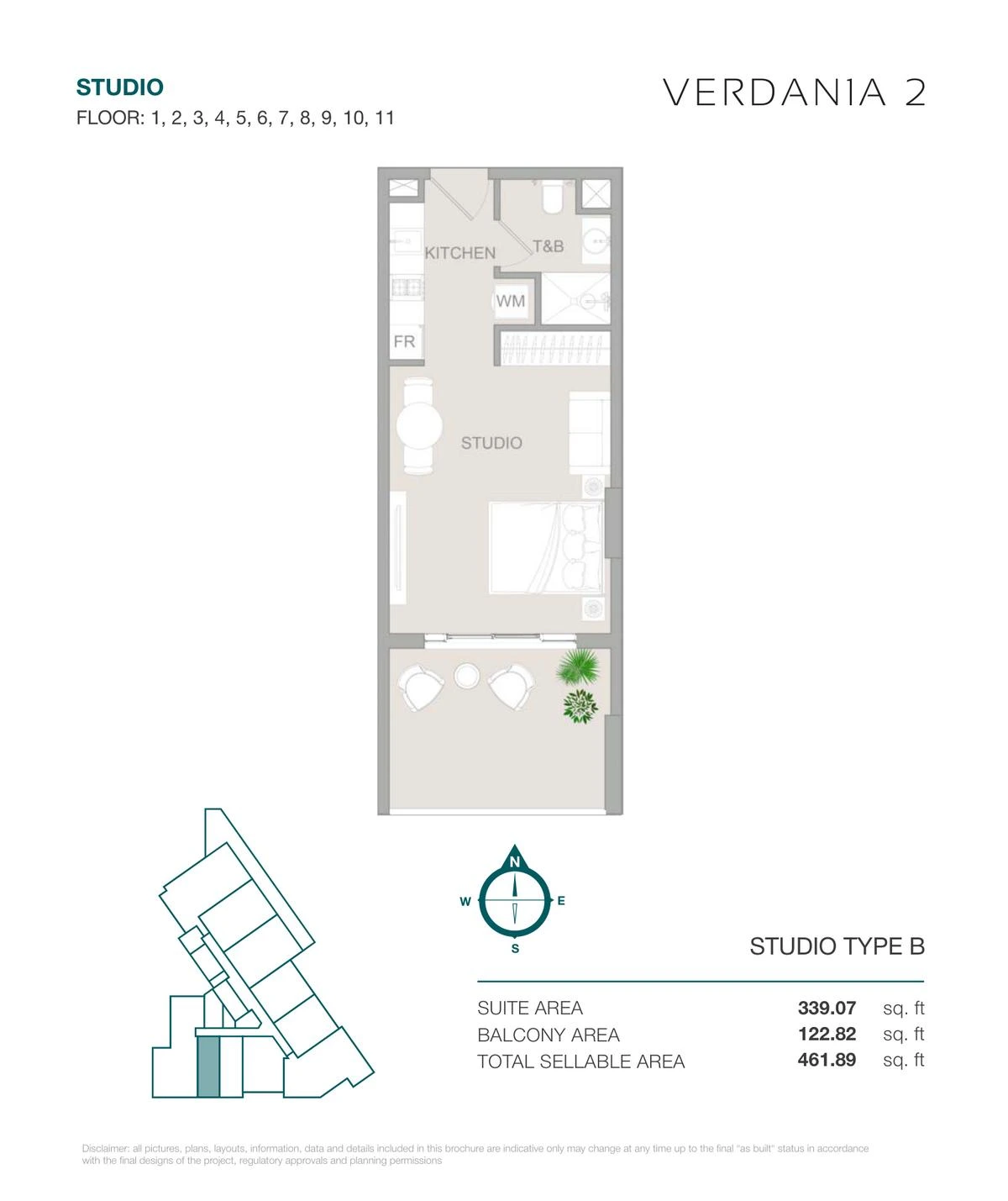 VERDAN1A 2 Studio Type B apartment floor plan for Floors 1-11, 461.89 sq ft.