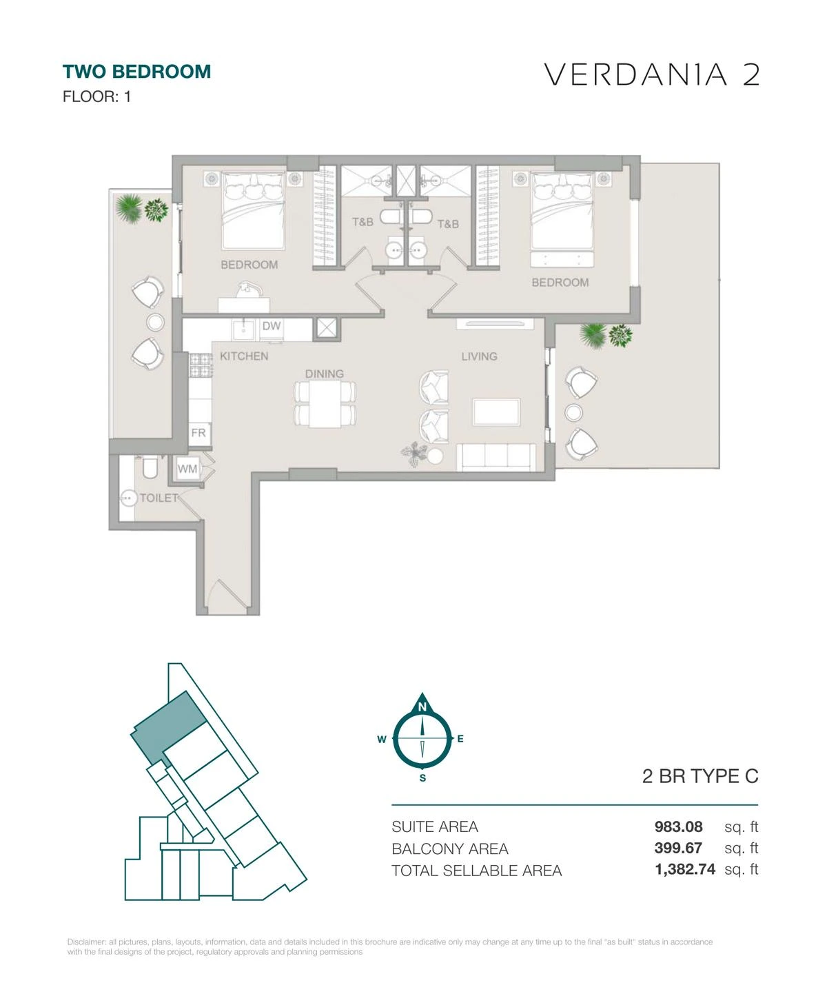 VERDAN1A 2 Two Bedroom Type C apartment floor plan for Floor 1, 1,382.74 sq ft.
