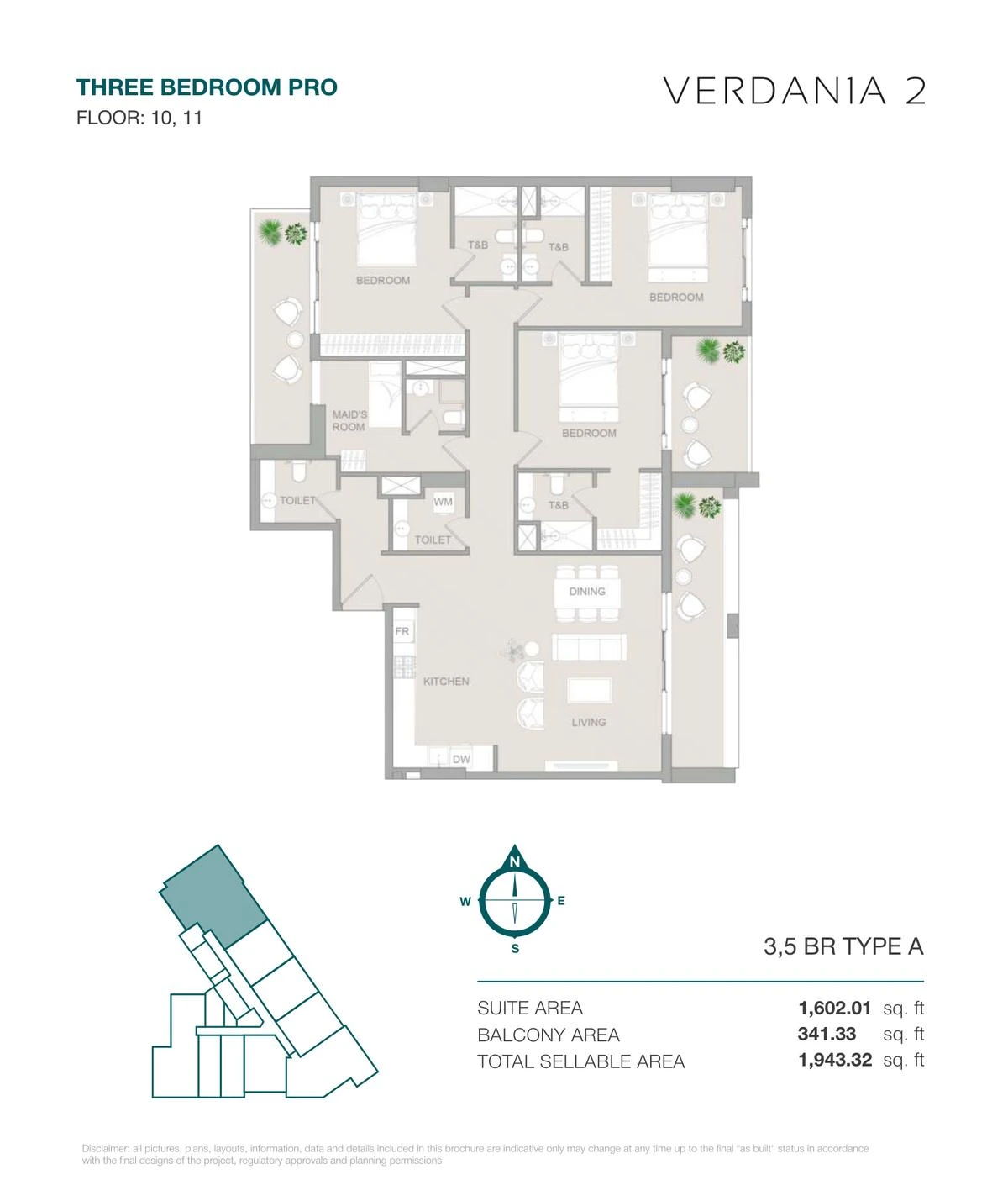 VERDAN1A 2 Three Bedroom Pro Type A Pro apartment floor plan for Floors 10-11, 1,943.32 sq ft.