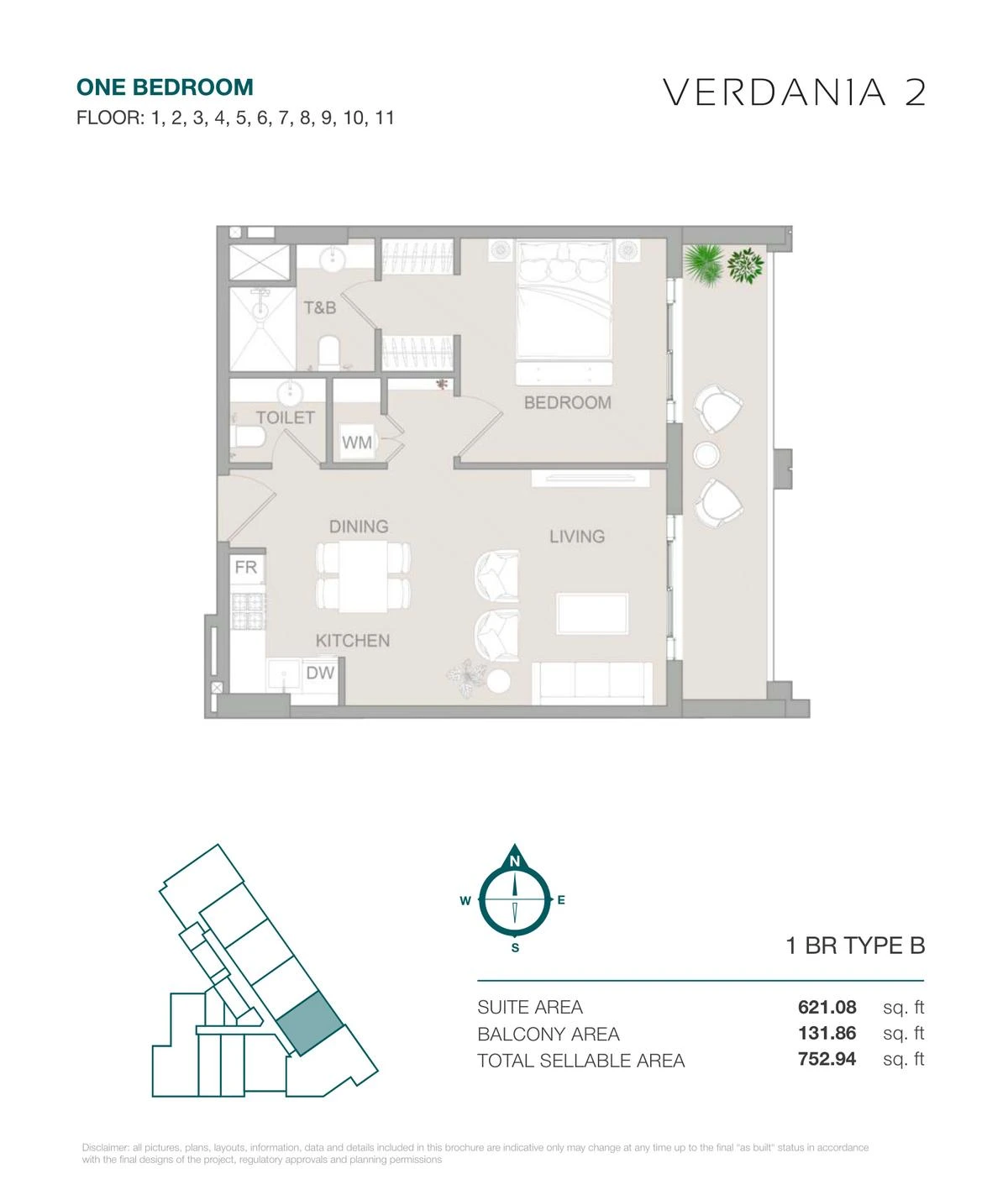 VERDAN1A 2 One Bedroom Type B apartment floor plan for Floors 1-11, 752.94 sq ft.