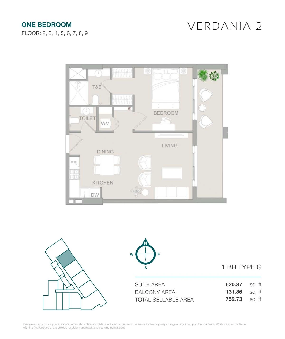 VERDAN1A 2 One Bedroom Type G apartment floor plan for Floors 2-9, 752.73 sq ft.