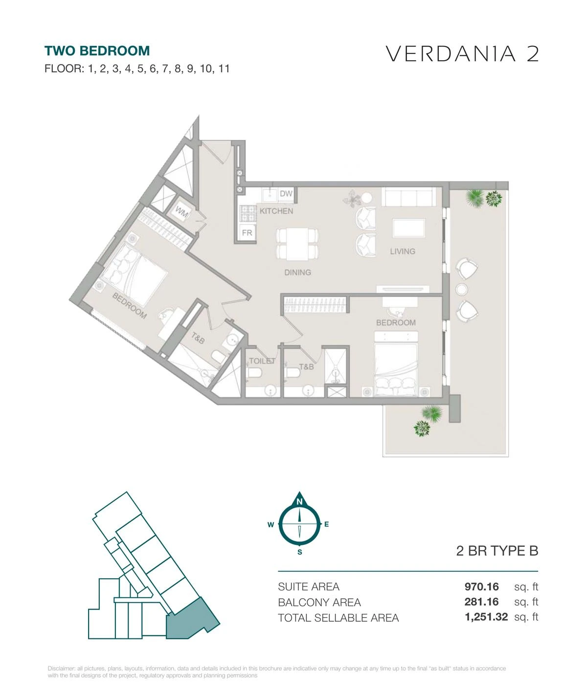 VERDAN1A 2 Two Bedroom Type B apartment floor plan for Floors 1-11, 1,251.32 sq ft.