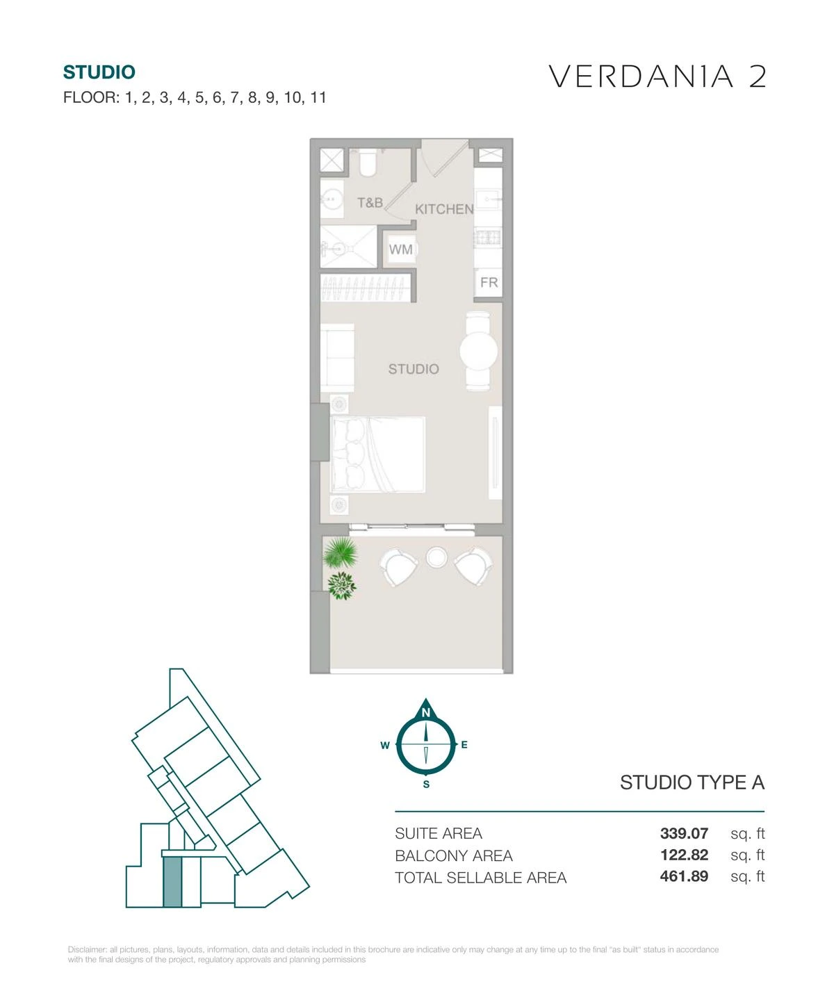 VERDAN1A 2 Studio Type A apartment floor plan for Floors 1-11, 461.89 sq ft.