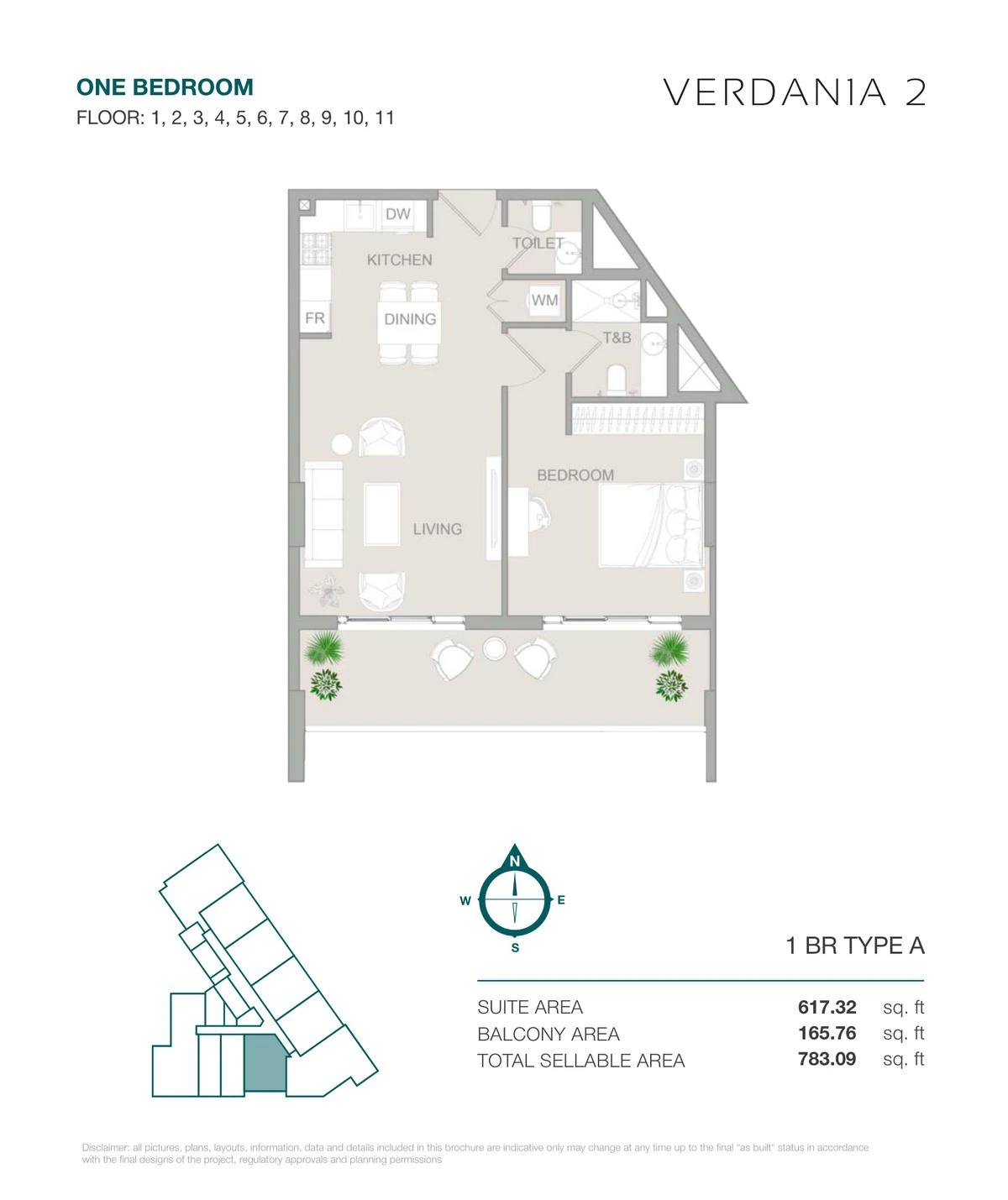 VERDAN1A 2 One Bedroom Type A apartment floor plan for Floors 1-11, 783.09 sq ft.