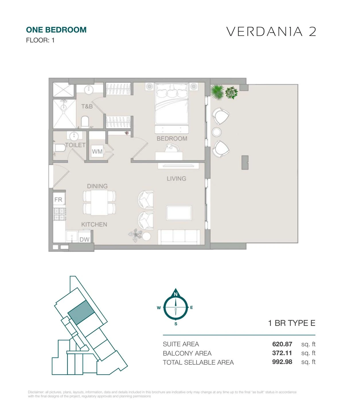 VERDAN1A 2 One Bedroom Type E apartment floor plan for Floor 1, 992.98 sq ft.