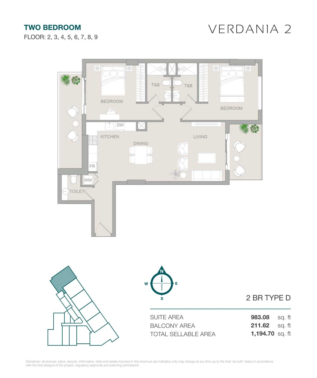 VERDAN1A 2 Two Bedroom Type D apartment floor plan for Floors 2-9, 1,194.70 sq ft.