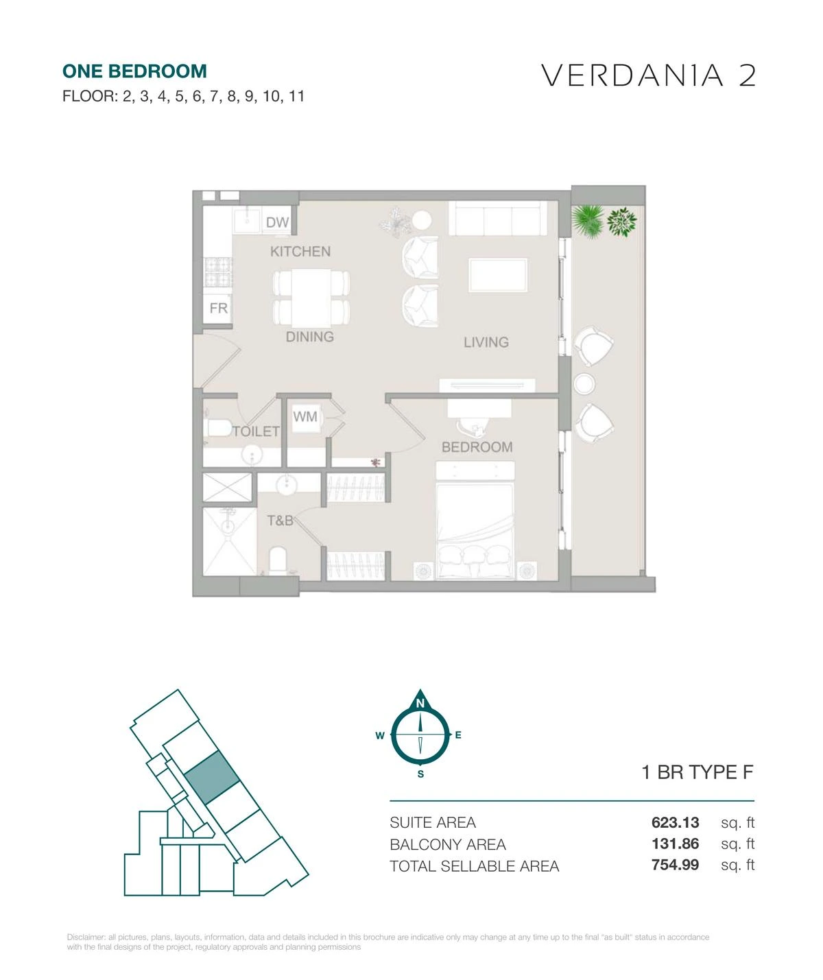 VERDAN1A 2 One Bedroom Type F apartment floor plan for Floors 2-11, 754.99 sq ft.