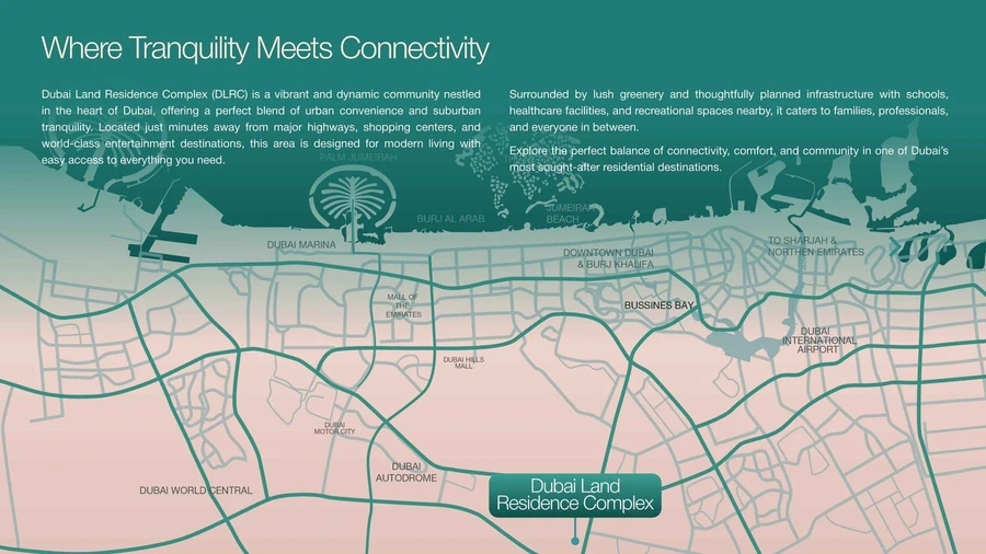 Location map for VERDAN1A 2 in Dubai Land Residence Complex showing major roads and its position within Dubai.