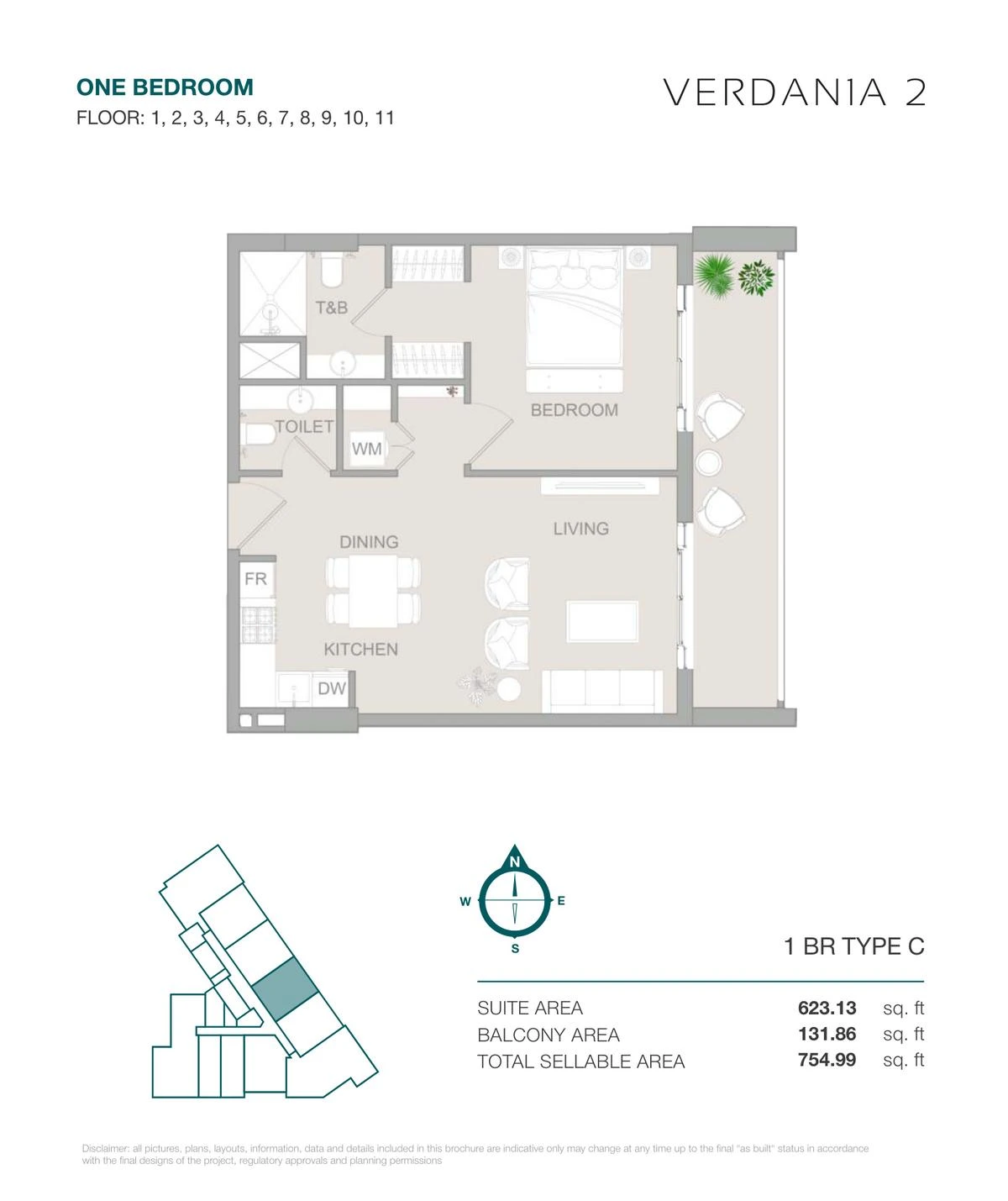 VERDAN1A 2 One Bedroom Type C apartment floor plan for Floors 1-11, 754.99 sq ft.