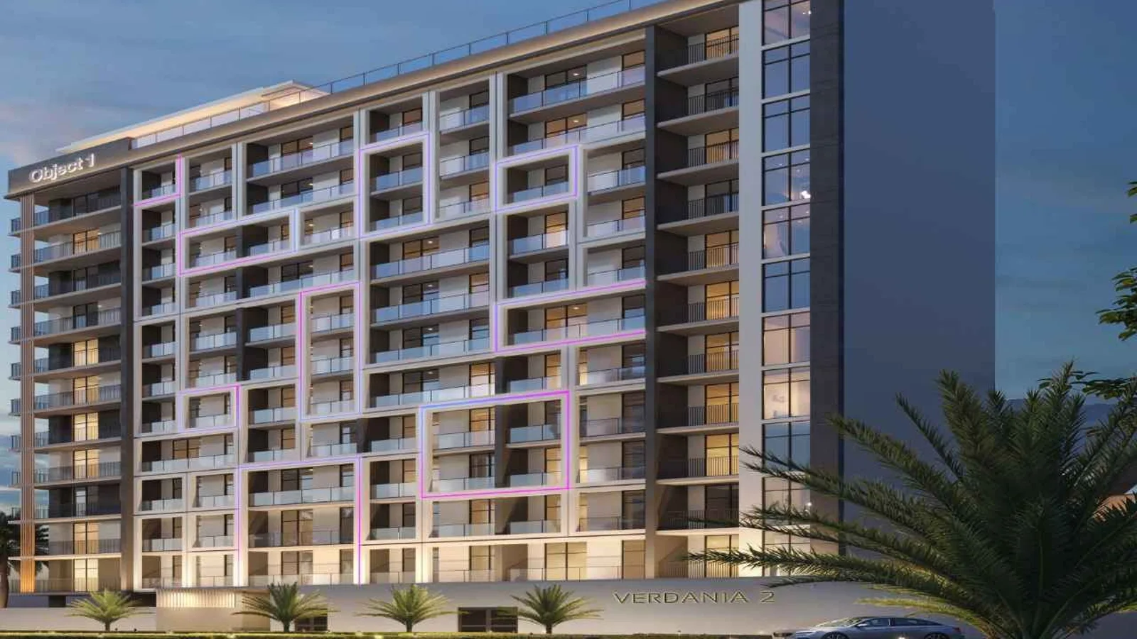 VERDAN1A 2 exterior with its landscaped arrival, glass balconies and mid-rise facade.