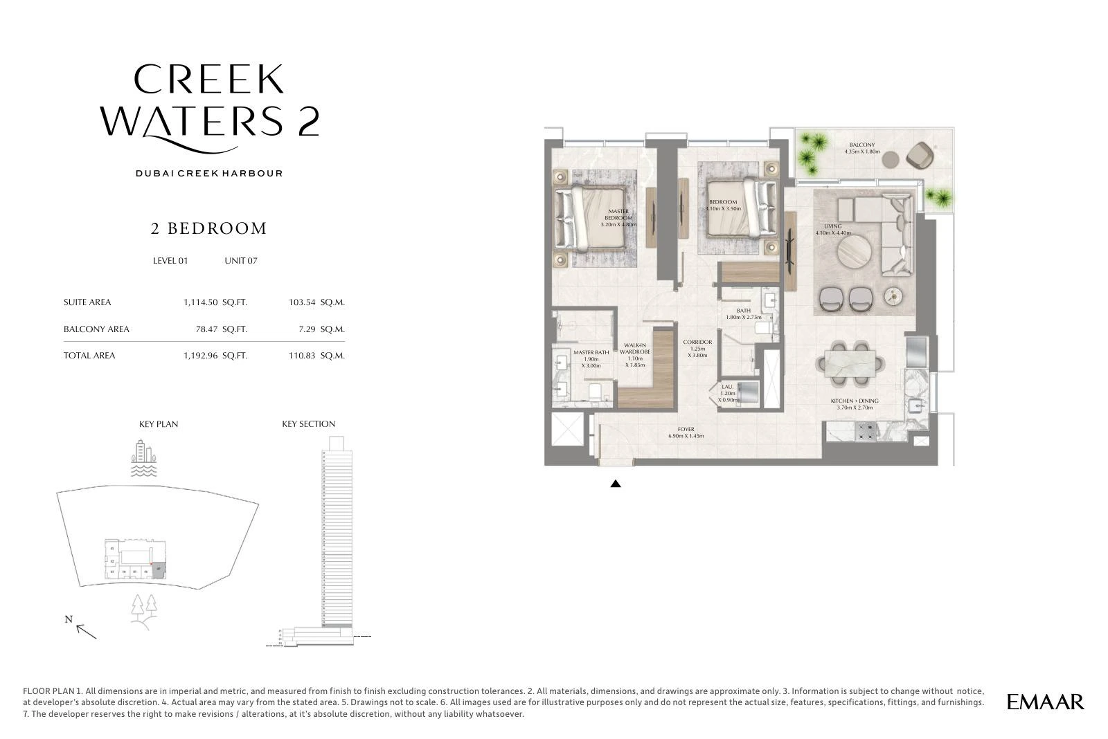 Creek Waters 2 floor plan: 2-bedroom apartment Unit 07 — Level 1. Type/model Unit 07 – Level 1; total area 1,192.96 sq ft.