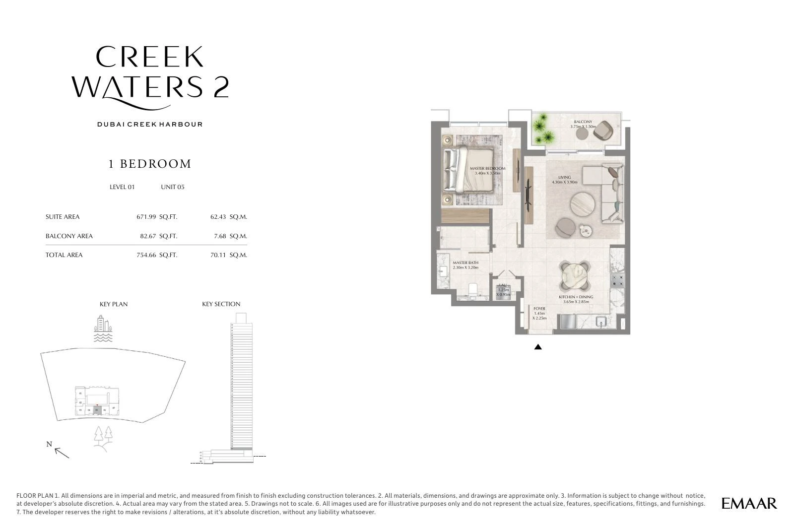 Creek Waters 2 floor plan: 1-bedroom apartment Unit 05 — Level 1. Type/model Unit 05 – Level 1; total area 754.66 sq ft.